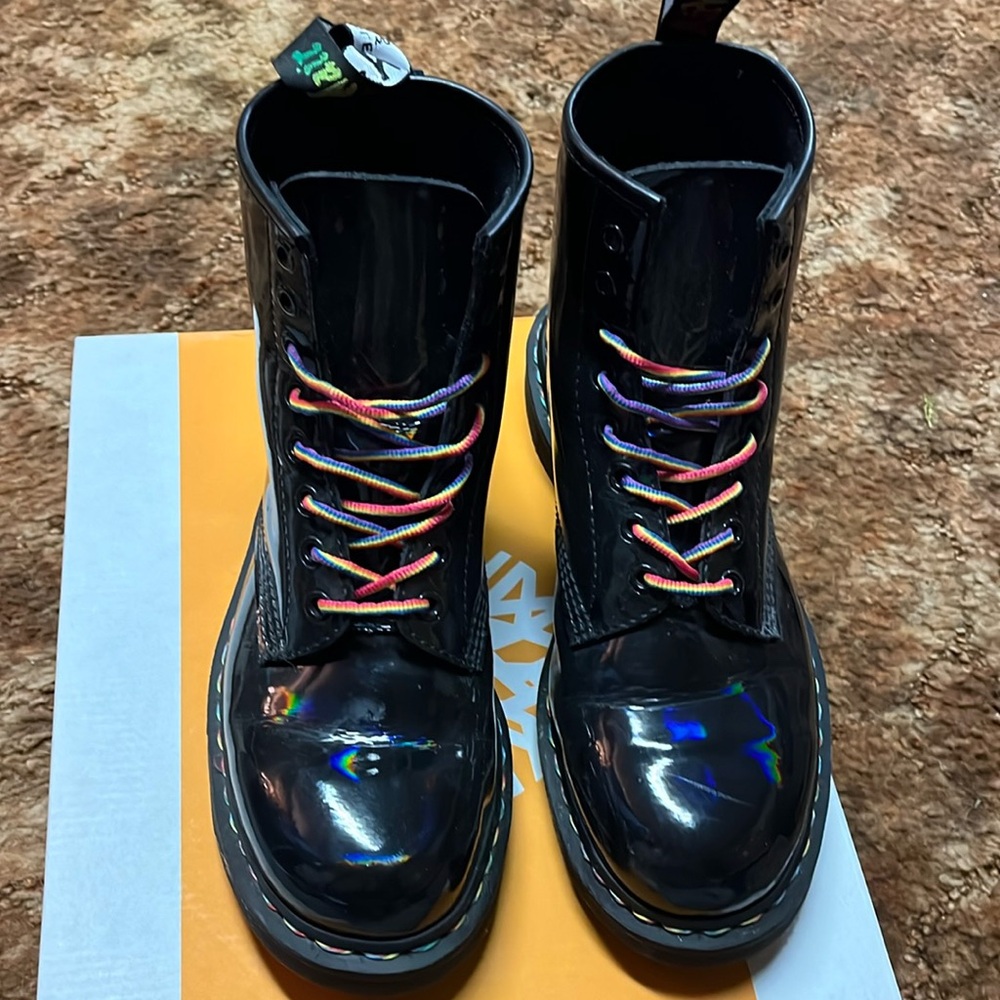 Dr. Marten’s Black Patent Rainbow Boots